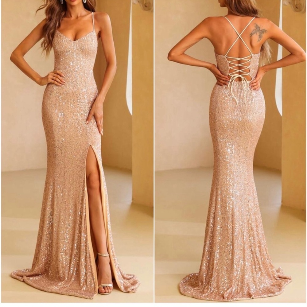Luxe sequins slit thigh formal party evening wedding prom Lace up dress
$235